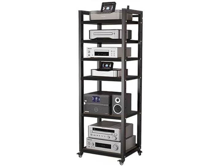 HDYZJQ HiFi Rack Rollwagen für Audiogeräte, 5, 6, 7, 8 Etagen, Schwarz – Medienregal für Radio – Stereoanlage – TV-Box – Kabelbox – WLAN-Router – Stereoschrank aus Holz(W60cm-6 Tier)