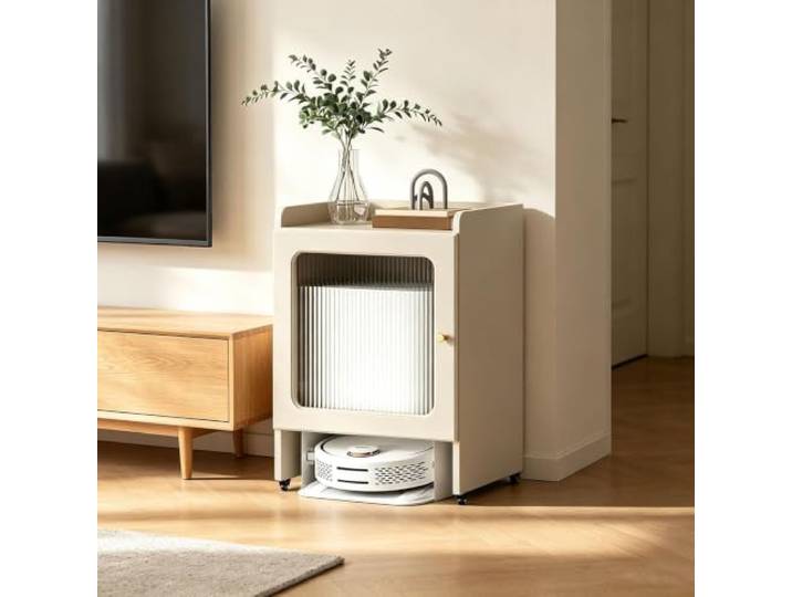 Schrankmöbel für Saugroboter mit versteckter Ladestation und Beistelltisch Freistehendes, modernes Aufbewahrungsmöbel mit Türen für Flur, Wohn- und Schlafzimmer(Khaki,50 x 40 x 75 cm)